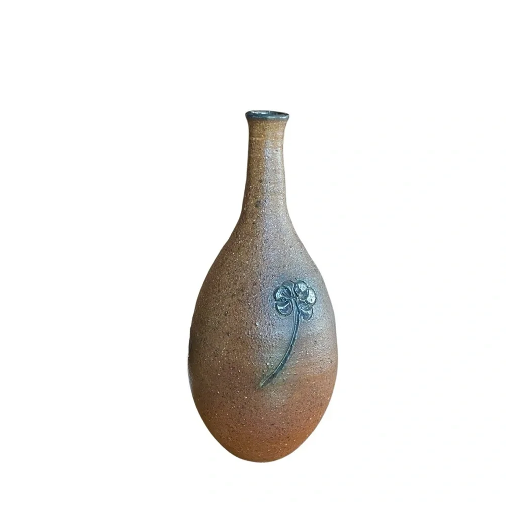 Hand Crafted Brown Vase with Black Floral Design